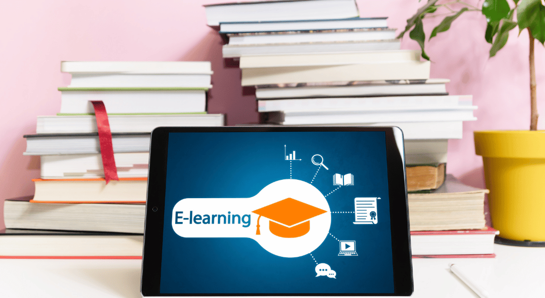 tablet device , E-learning platform, port plant , books stacks